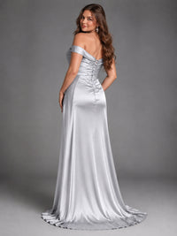 Off Shoulder Satin Maxi Dress with Slit