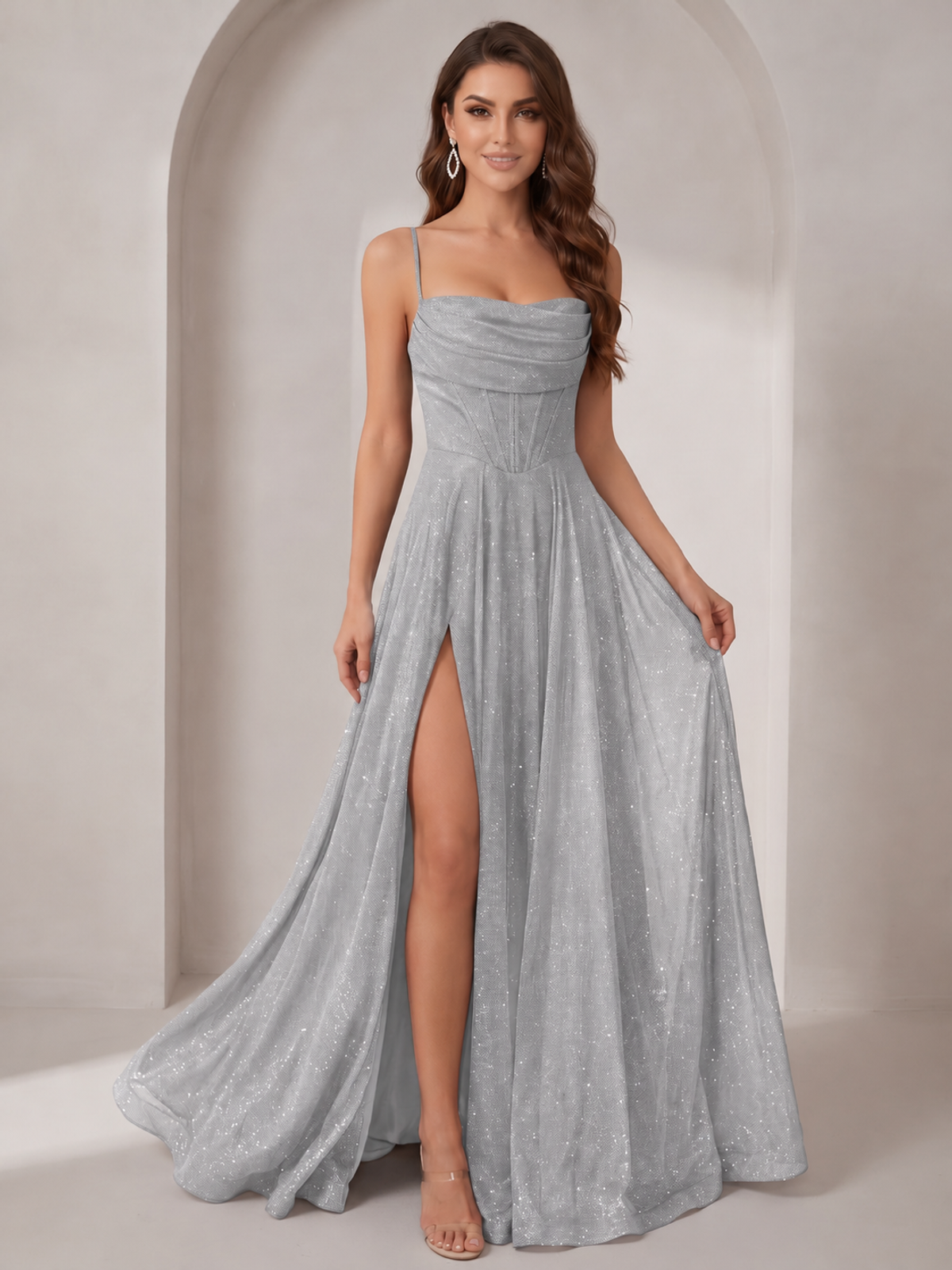 Sparkly Cowl Neck Corset Long Prom Dress with Slit A-line Tulle Ball Gown