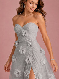 3D Floral Applique Strapless Tulle Prom Dress with High Slit