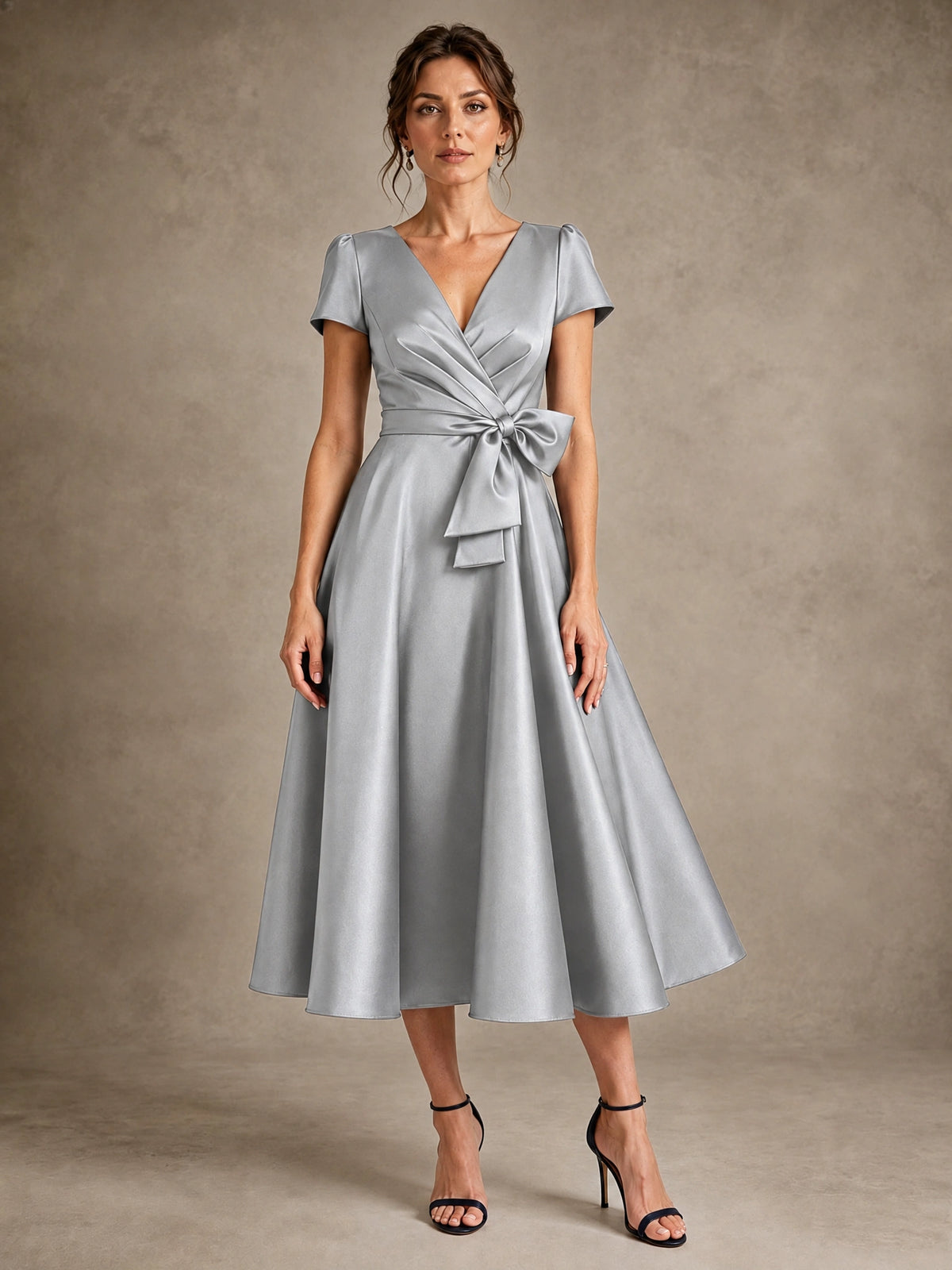 Silver V-Neck Tea-Length Satin Mother of the Bride Dress with Bow Jovellee