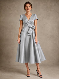 Silver V-Neck Tea-Length Satin Mother of the Bride Dress with Bow Jovellee