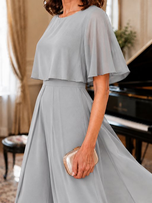 Chiffon Mother of the Bride Jumpsuit with Layered Cape Sleeves