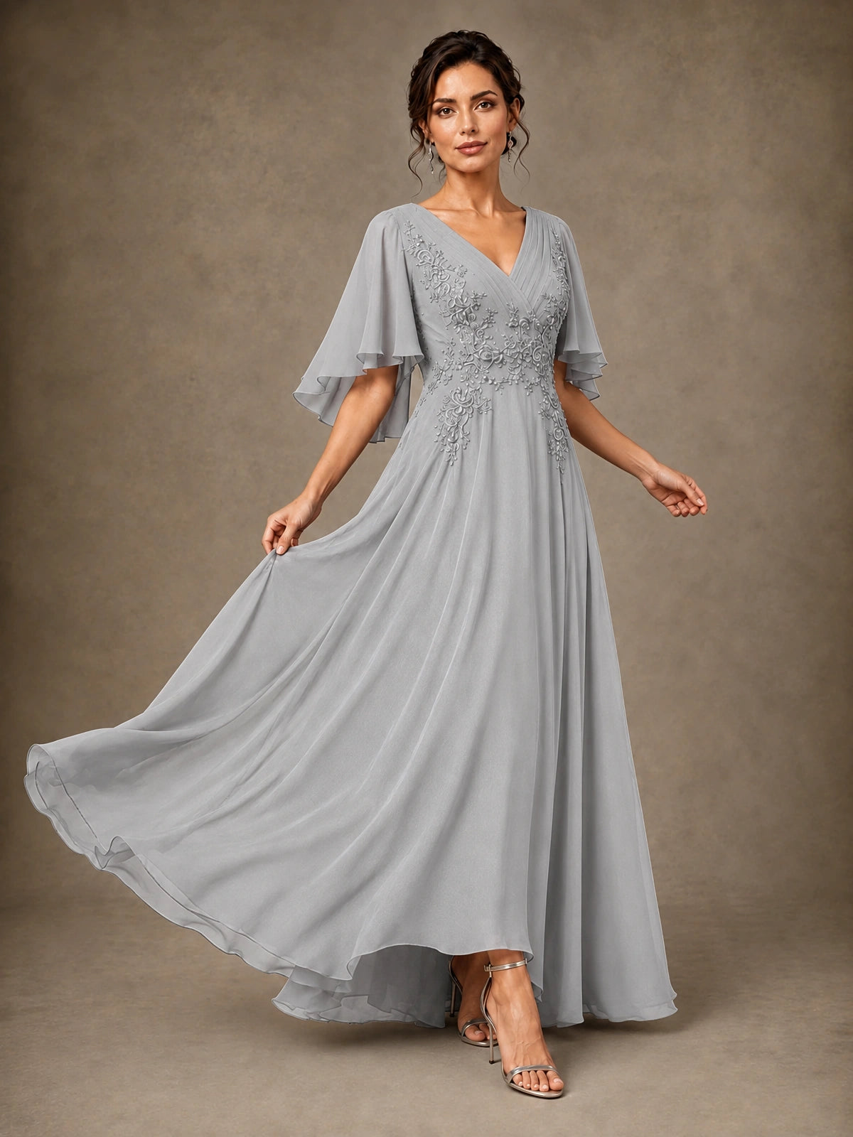 V-Neck Chiffon Lace Mother of the Bride Dress with Flutter Sleeves