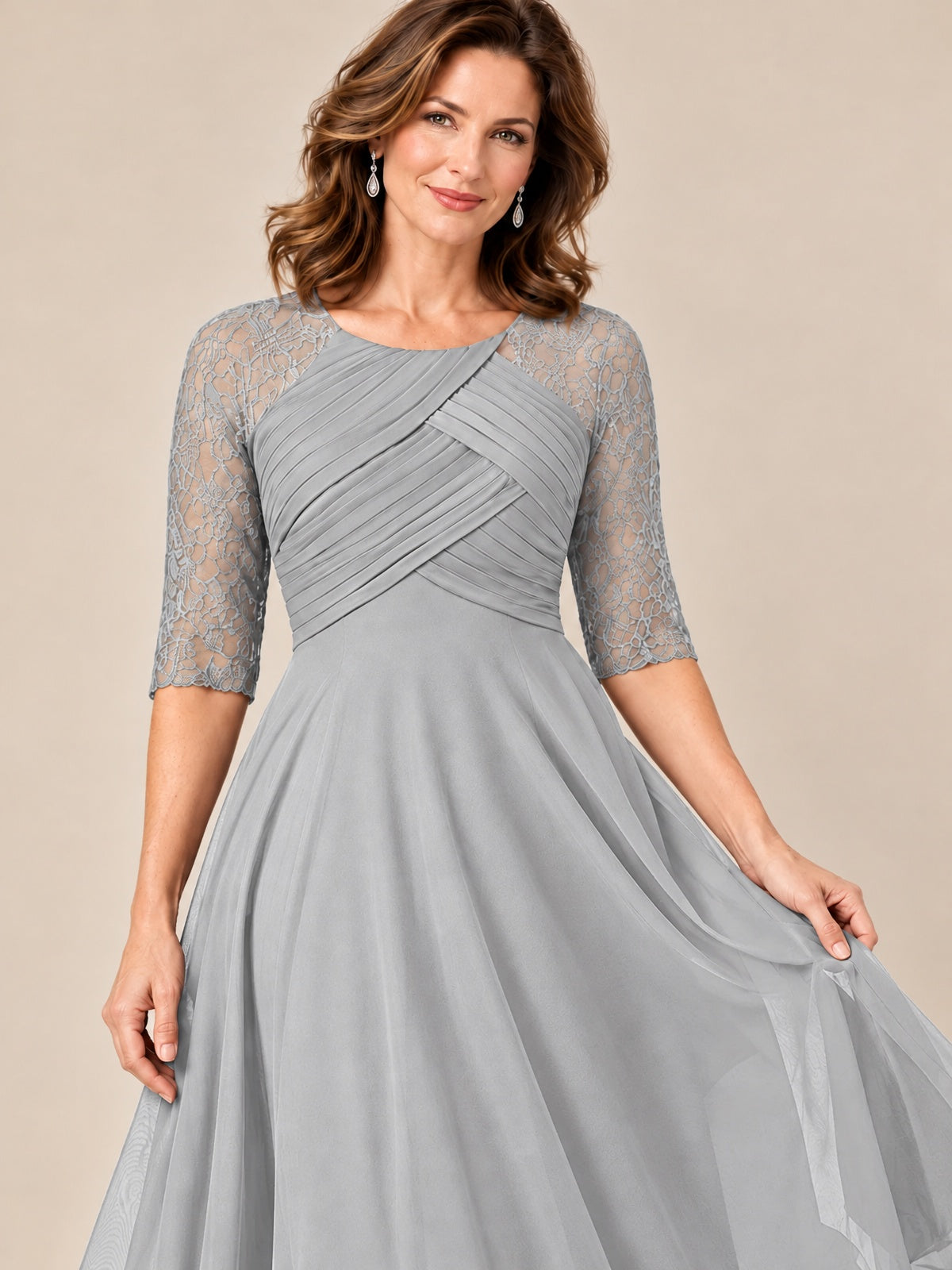 Tea-Length Mother of the Bride Dress with Lace 3/4 Sleeves