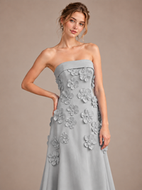 Yellow Strapless 3D Floral Appliques Maxi Dress