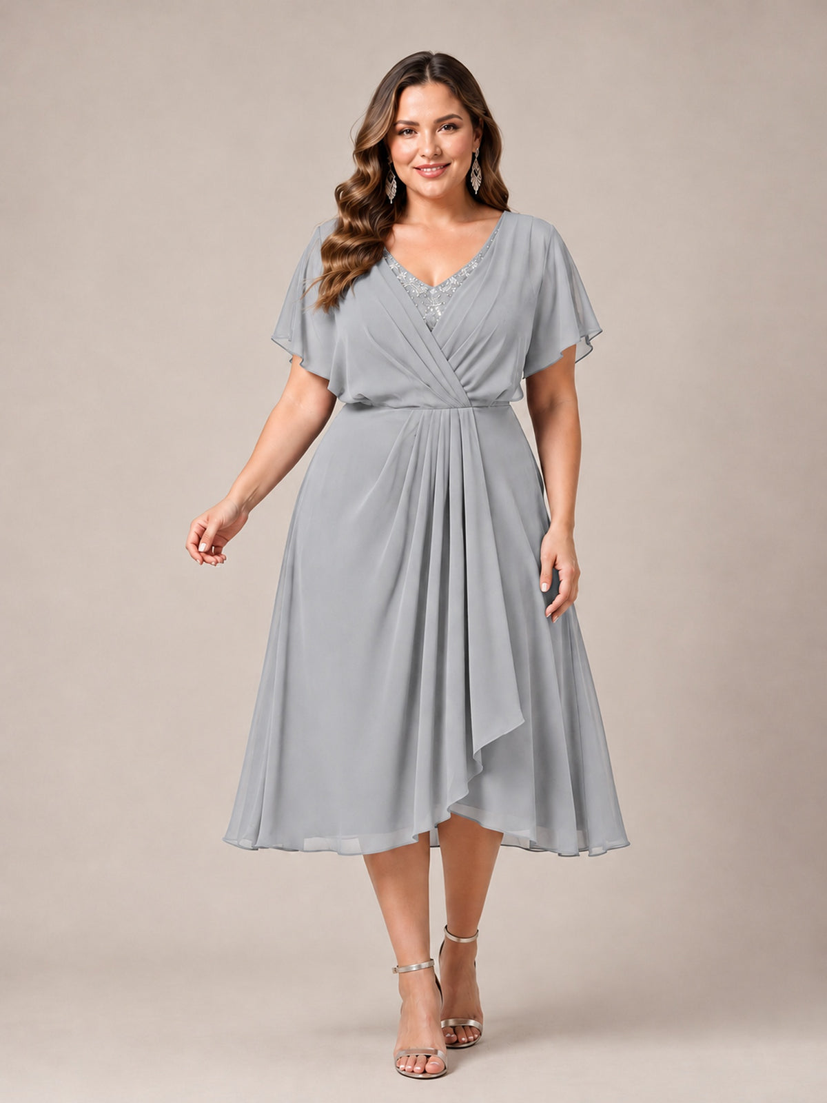 Navy Blue A-Line V-Neck Tea-Length Mother of the Bride Dress