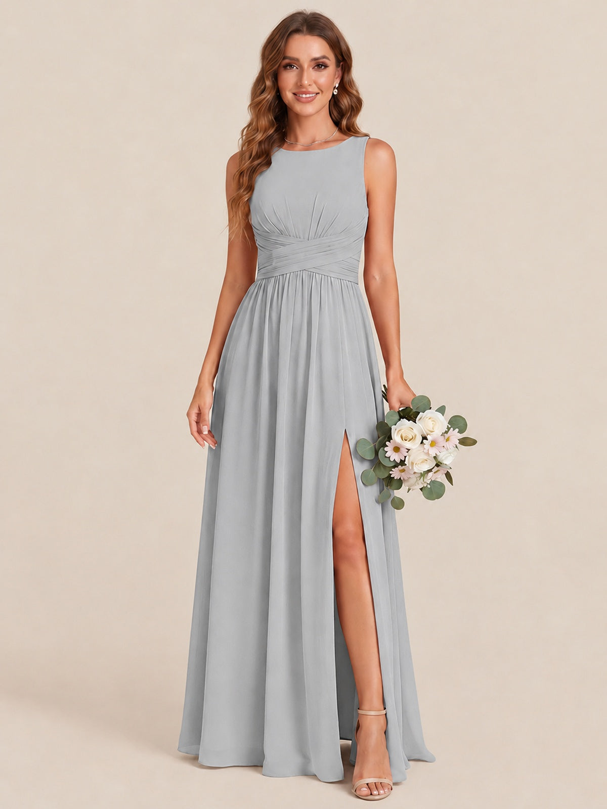 A-line Sleeveless Rucehd Chiffon Bridesmaid Dress with High Slit