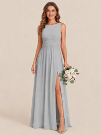 A-line Sleeveless Rucehd Chiffon Bridesmaid Dress with High Slit