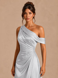 Satin One Shoulder Prom Dress Ruched Long Formal Evening Gown