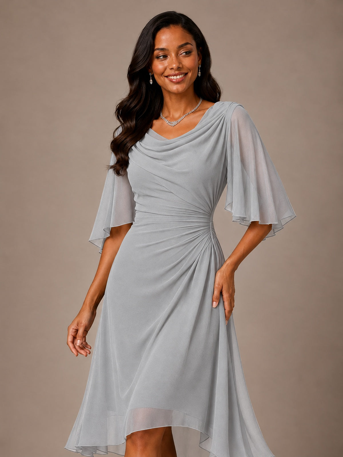 Cowl Neck Ruched Chiffon Mother of the Bride Dresses with Flutter Sleeves