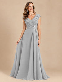V Neck Pleated Mother of The Bride Dresses with Beading Cap Sleeves