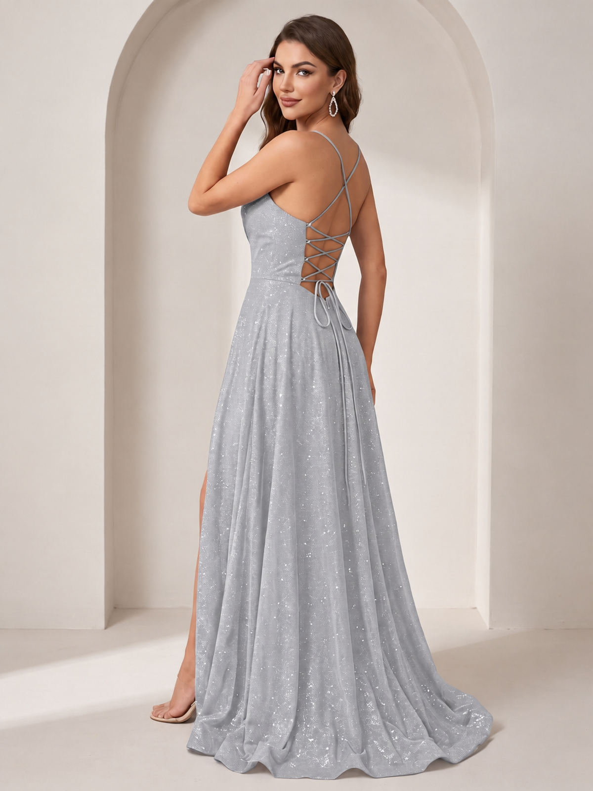 Sparkly Cowl Neck Corset Long Prom Dress with Slit A-line Tulle Ball Gown