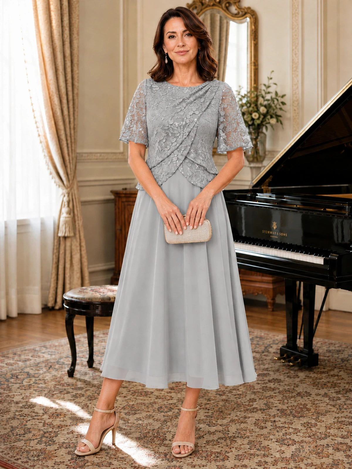 Tea-Length Chiffon Mother of the Bride Dress with Sequin Lace Sleeves
