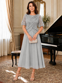 Tea-Length Chiffon Mother of the Bride Dress with Sequin Lace Sleeves