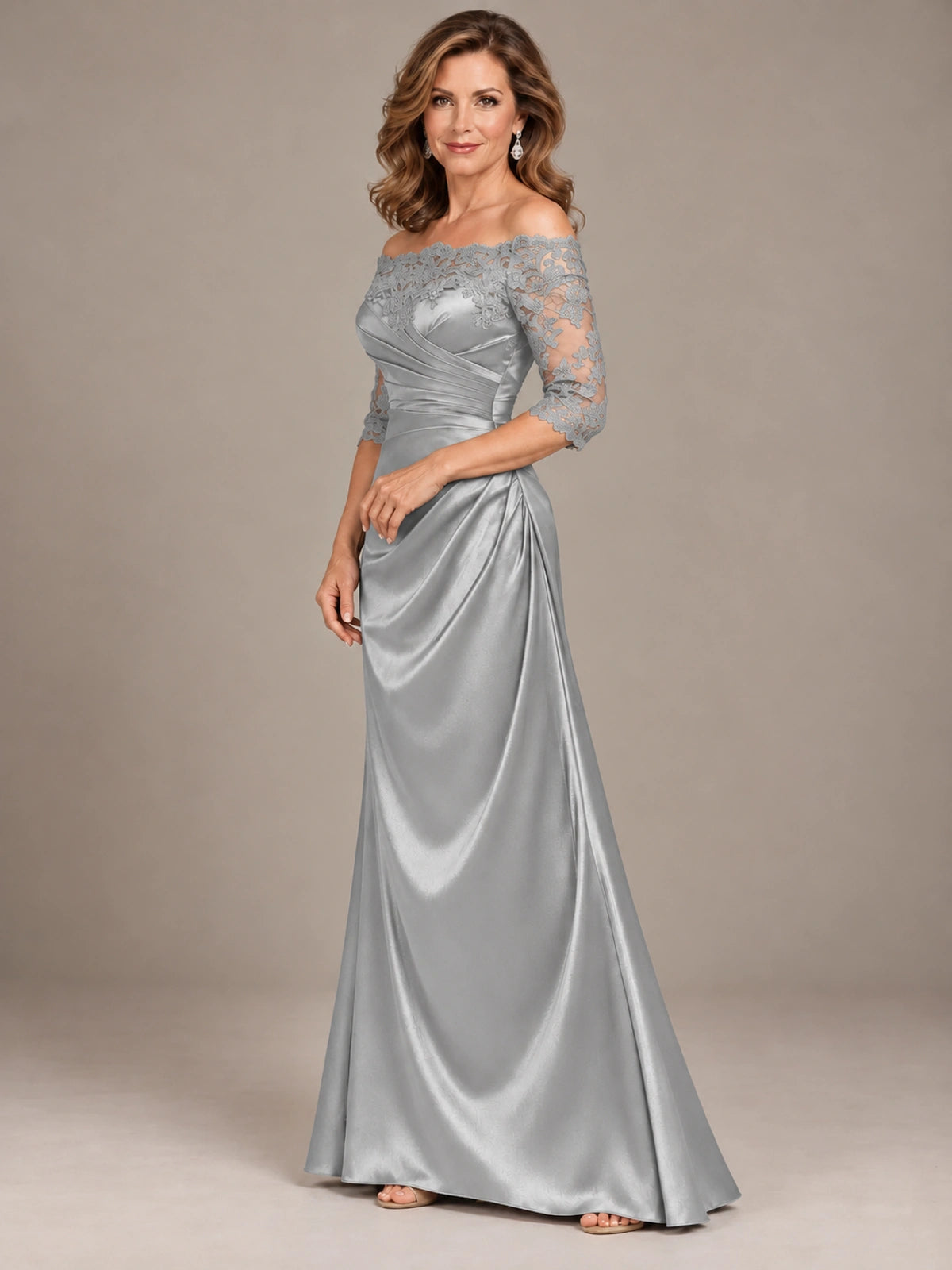 Satin Mother of the Bride Dress with Lace Sleeves Off Shoulder Formal Gown