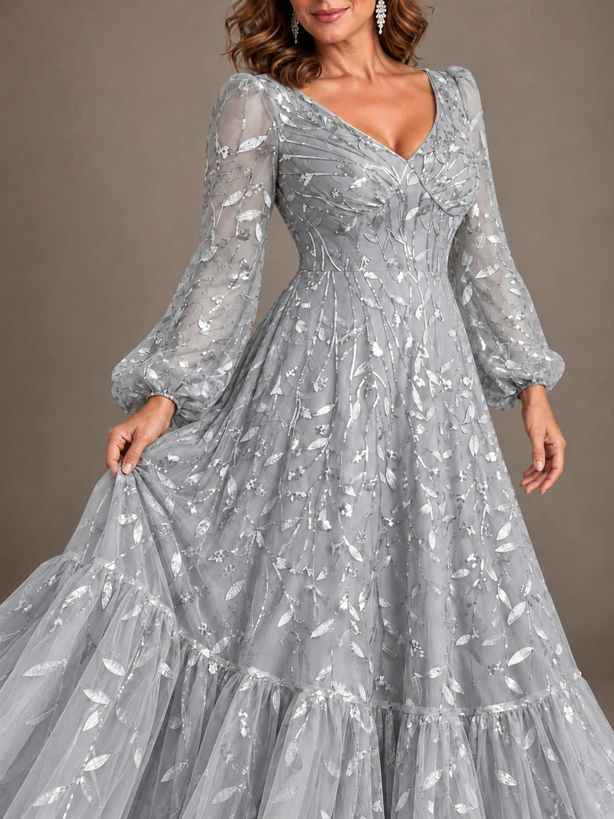 Floral Sequin Embroidered A-Line Mother of the Bride Dress with Long Sleeves
