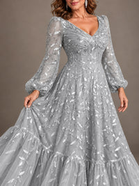 Floral Sequin Embroidered A-Line Mother of the Bride Dress with Long Sleeves