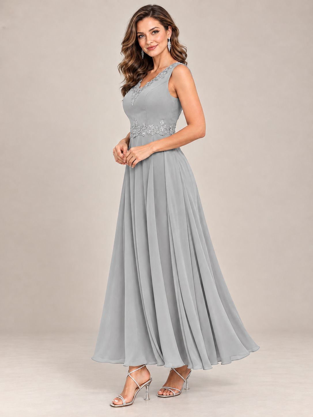 Dusty Blue Floral Lace Chiffon Mother of the Bride Dress with Jacket