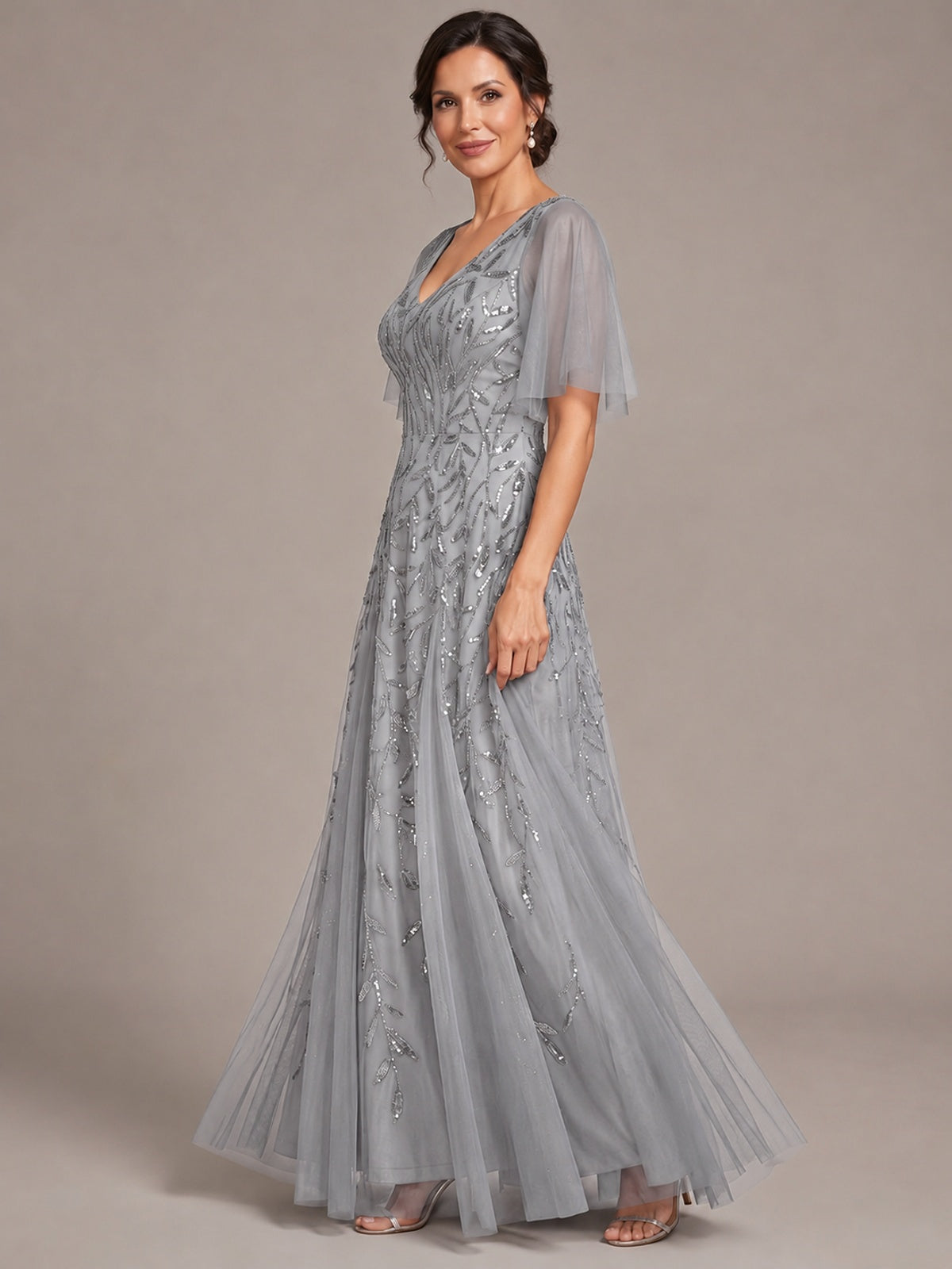 V-Neck Sequin Tulle Mother of the Bride Dress with Flutter Sleeve