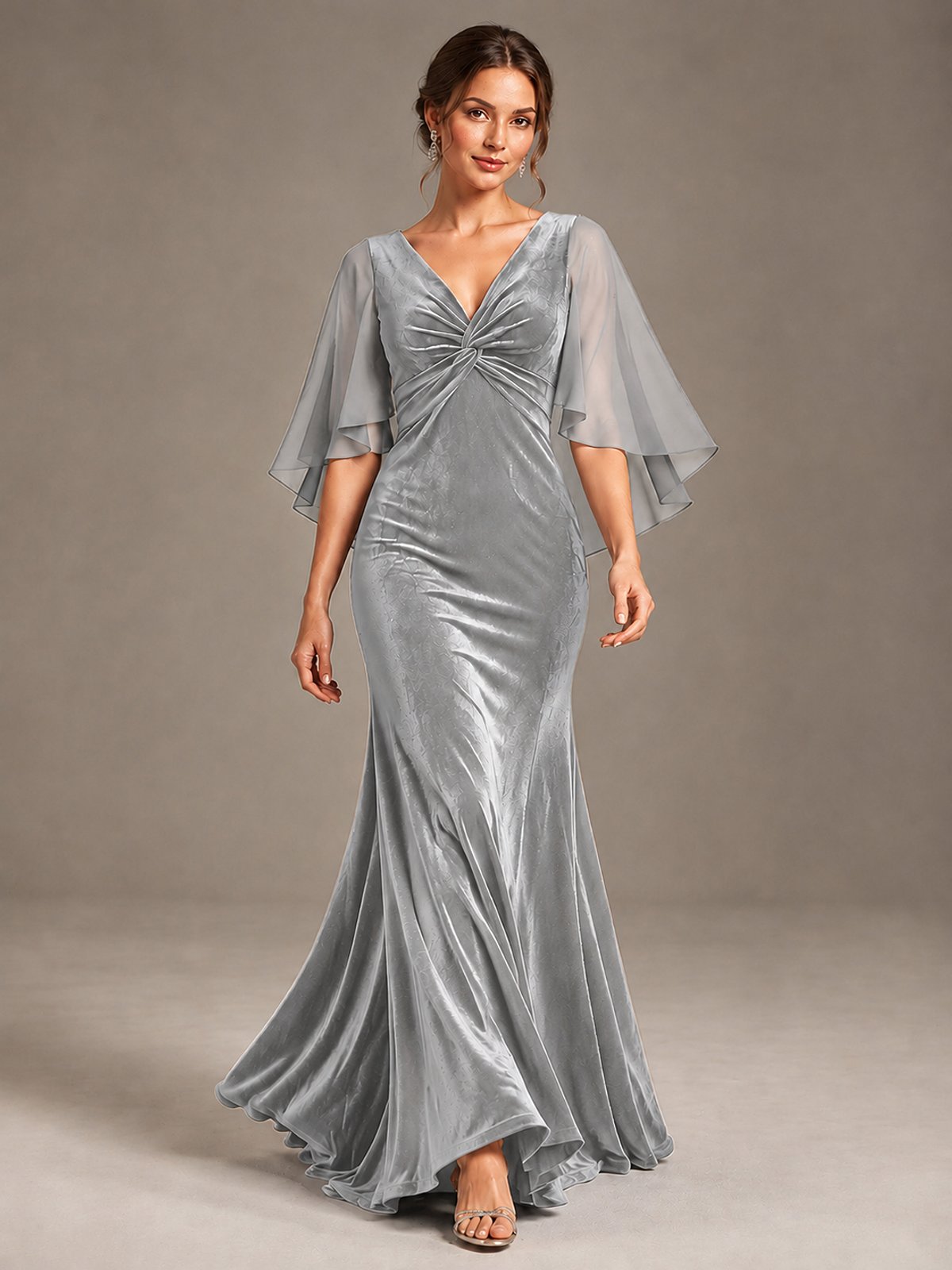 Navy Blue Velvet V Neck Mermaid Formal Dress with Flutter Cape Sleeves