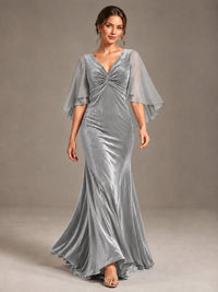 Navy Blue Velvet V Neck Mermaid Formal Dress with Flutter Cape Sleeves