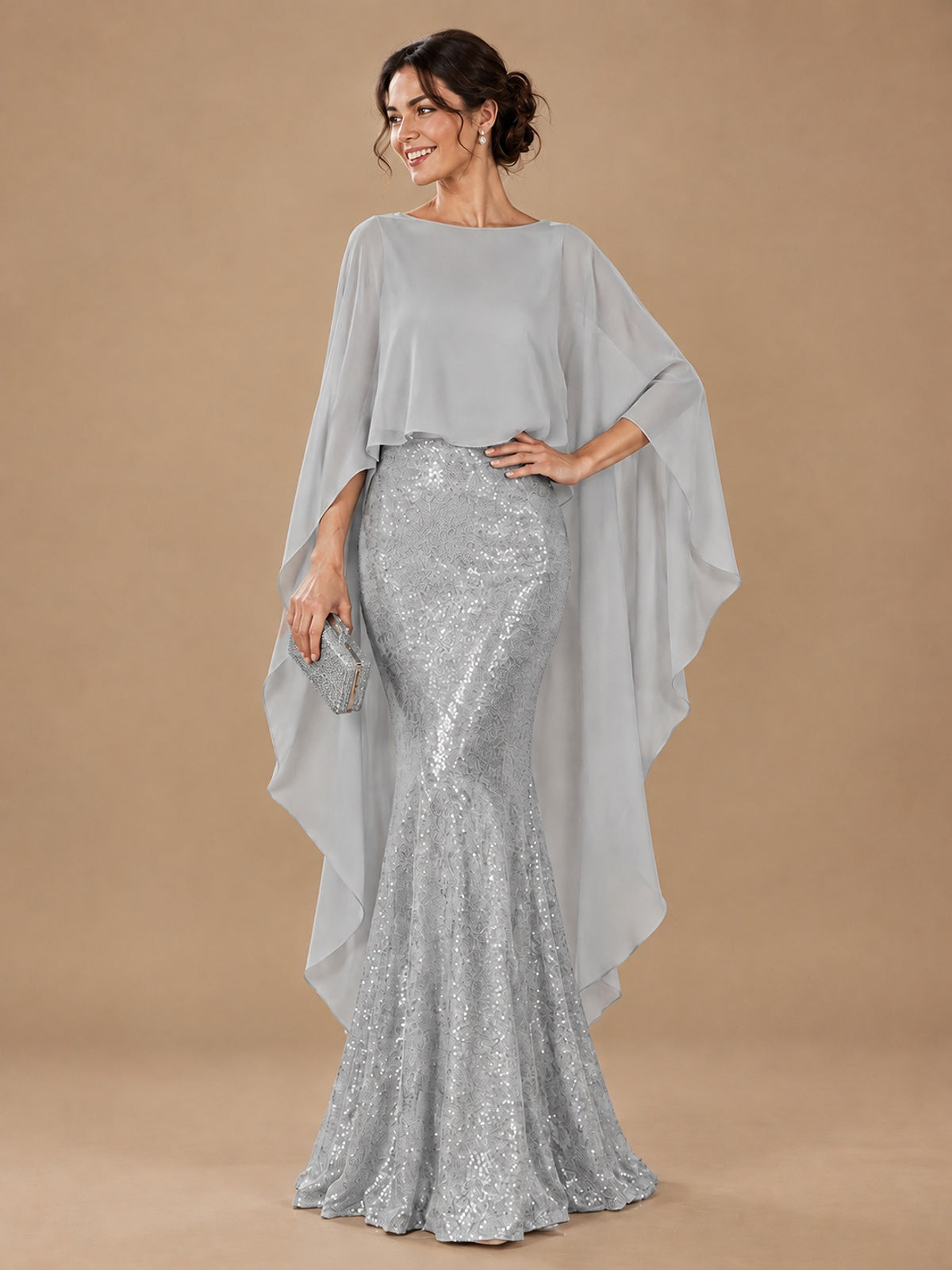 Sequin 2 Pieces Mother of the Bride Dress with Cap Sleeves Chiffon Formal Gowns
