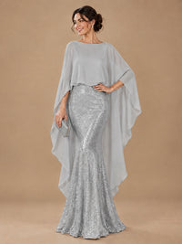 Sequin 2 Pieces Mother of the Bride Dress with Cap Sleeves Chiffon Formal Gowns