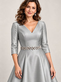 V-Neck Tea-Length Mother of the Bride Dress with Embellished Waist