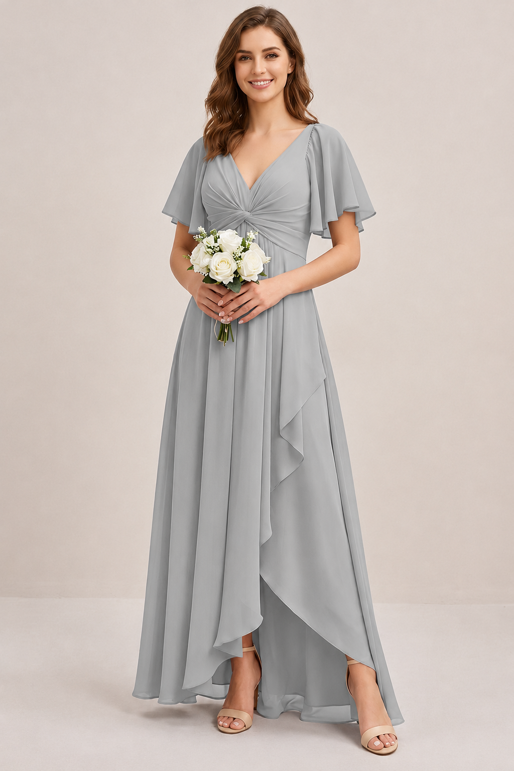 Dusty Blue Chiffon Bridesmaid Dress with Flutter Sleeves & High-Low Hem