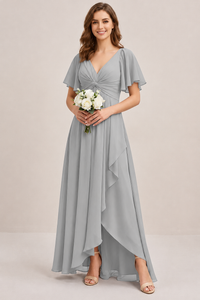 Dusty Blue Chiffon Bridesmaid Dress with Flutter Sleeves & High-Low Hem