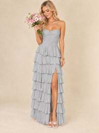 Ruffled Tiered Chiffon Prom Dress Spaghetti Straps Formal Maxi Dress with Slit