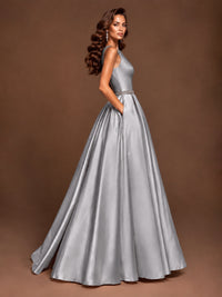Satin A-Line Prom Dress Sleeveless Beaded Waist Formal Gown with Pockets