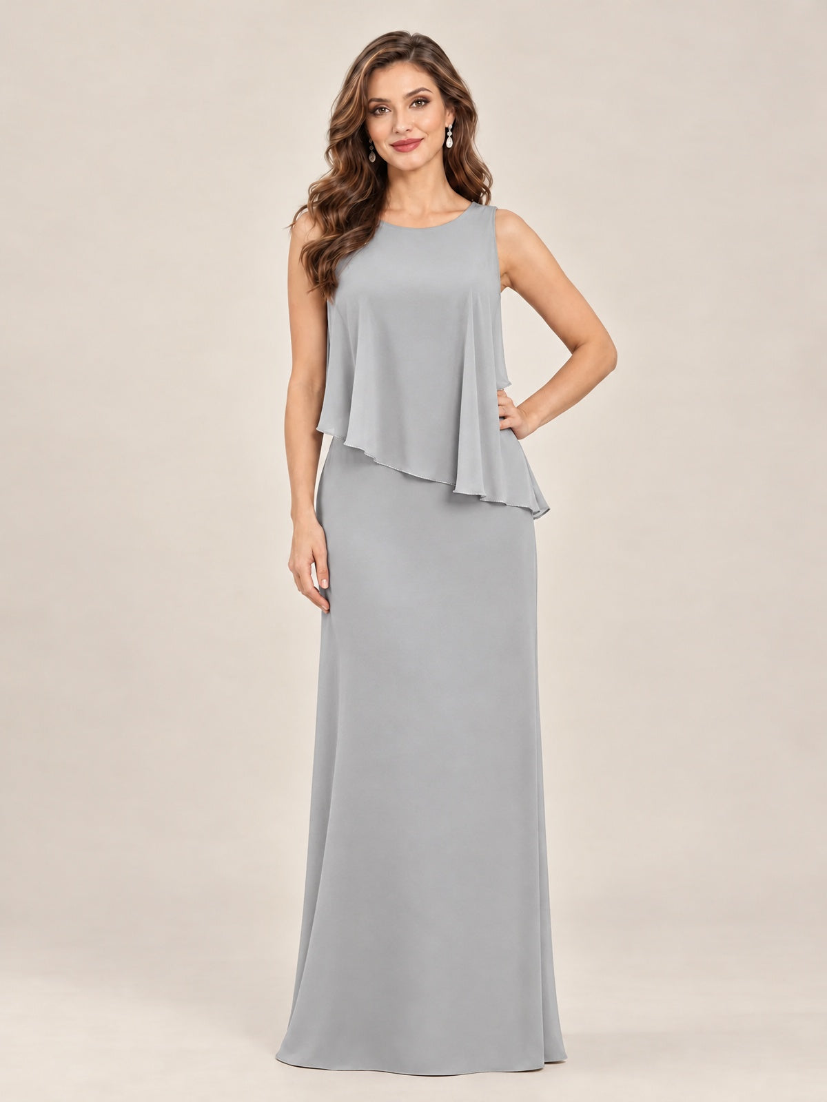 Cape Sleeve Mother of the Bride Dress with Asymmetrical Overlay