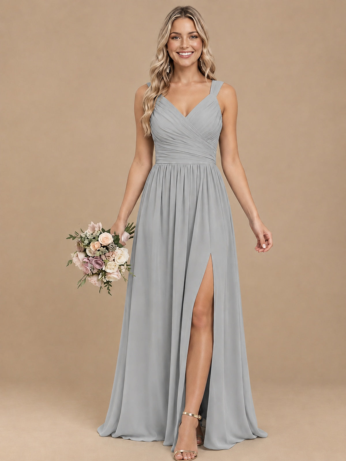 Pleated Chiffon V Neck Wedding Bridesmaid Dresses Floor Length with Slit