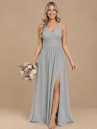 Pleated Chiffon V Neck Wedding Bridesmaid Dresses Floor Length with Slit