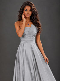 Draped Satin Prom Dress Strapless A-line Formal Dress Floor Length