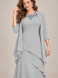 Dusty Blue Two-Piece Chiffon Mother of the Bride Dress with Jacket