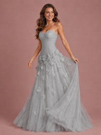 Blush Pink Strapless Sweetheart 3D Floral Tulle Ball Gown Prom Dres