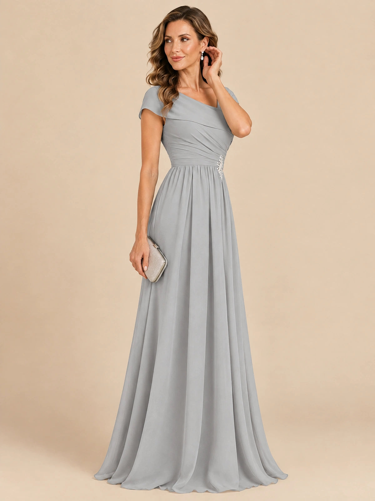 Cap Sleeve Mother of The Bride Dresses Long Chiffon Formal Gowns