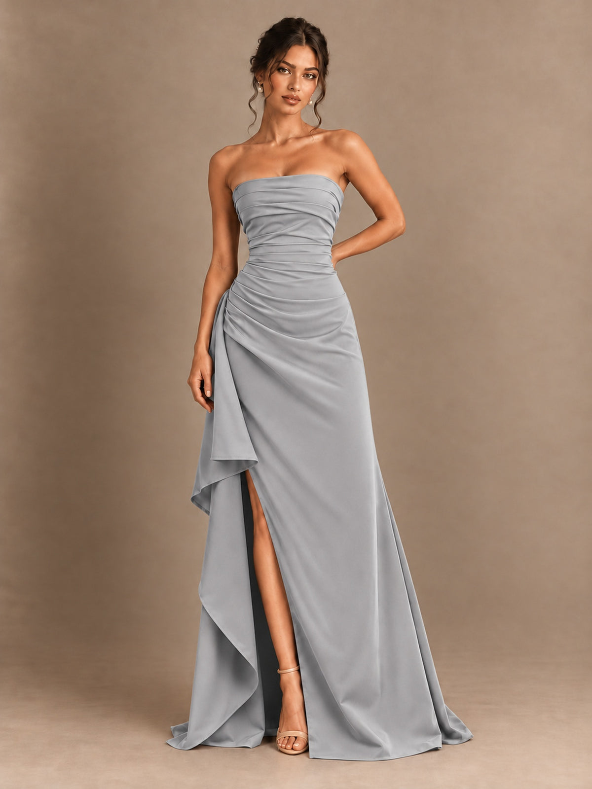 Black and White Strapless Ruched Prom Dress with High Slit & Side Drape