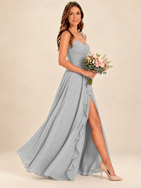 Spaghetti Straps Pleated Chiffon Bridesmaid Dress with Ruffle Slit