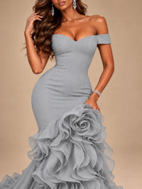 Dusty Blue Off-the-Shoulder Mermaid Prom Dress with 3D Rose & Ruffles