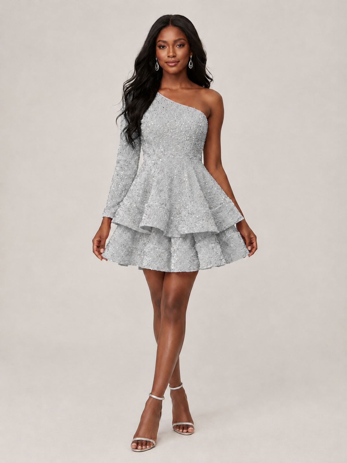 Puffy One Shoulder Sequin Tiered Mini Dress