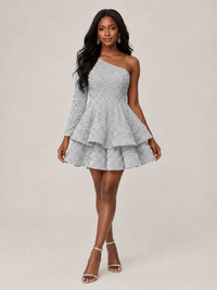 Puffy One Shoulder Sequin Tiered Mini Dress