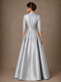 V-Neck Pleated Satin Mother of the Bride Gown with 3/4 Sleeves