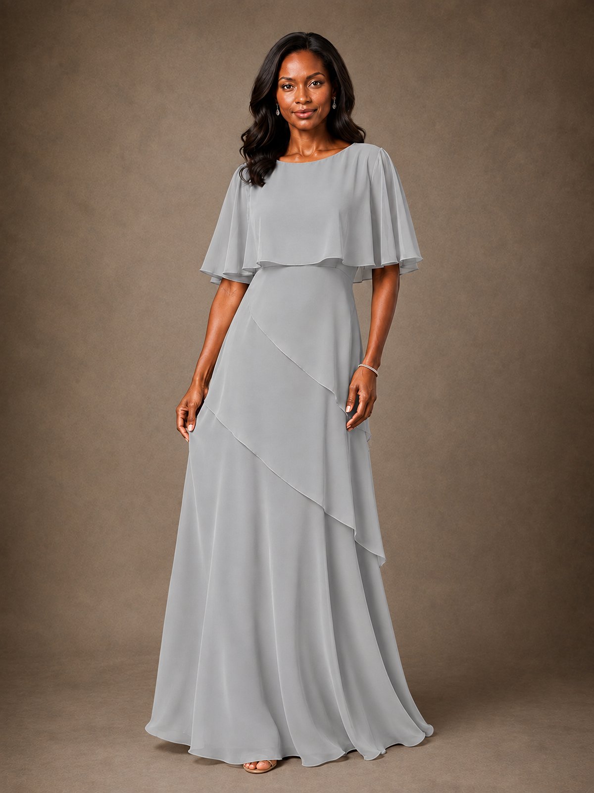 Taupe Chiffon A-Line Mother of the Bride Dress with Cape Sleeves