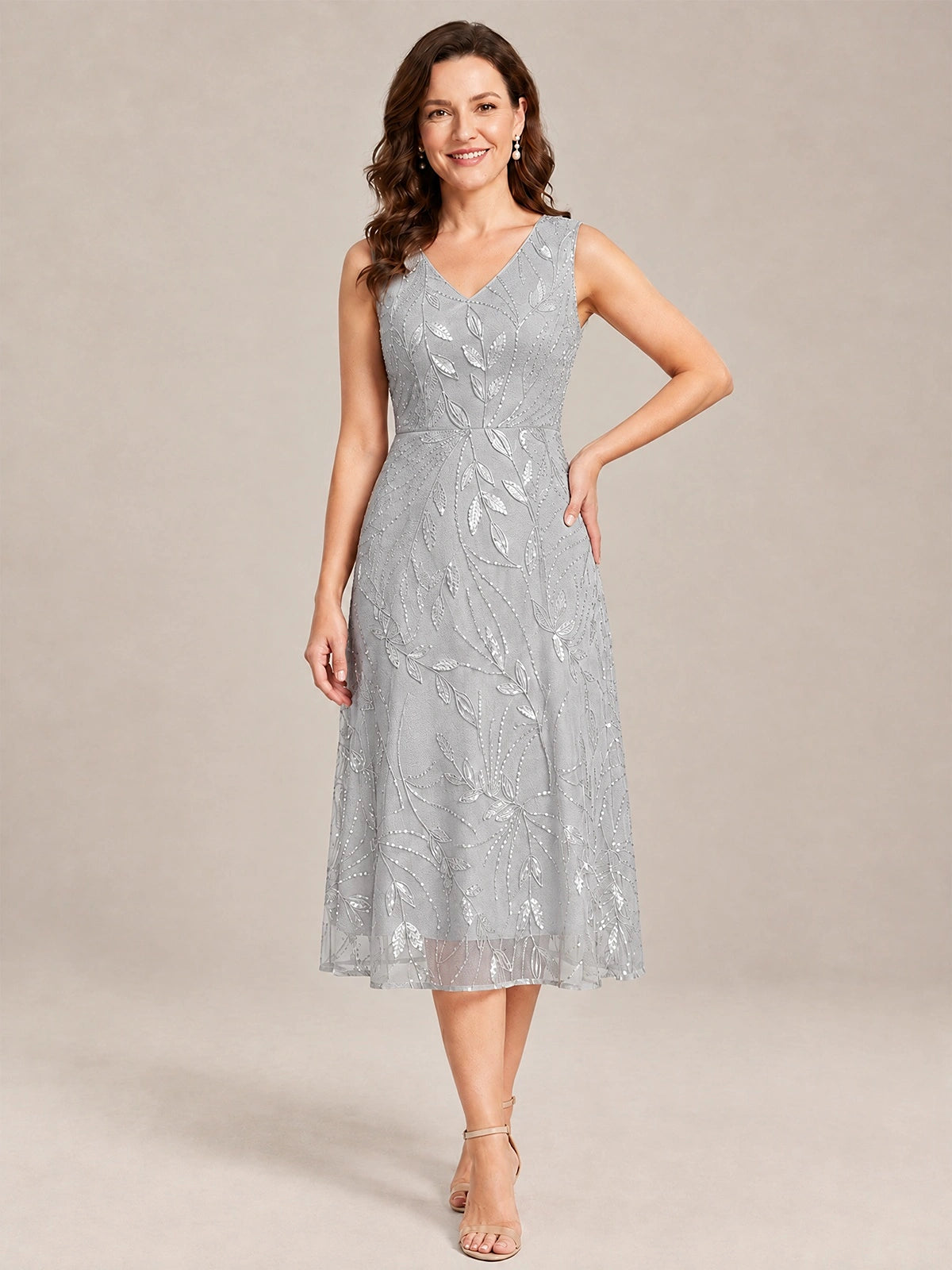 Tea Length Sequin Lace Mother of the Bride Dress with Chiffon Jacket