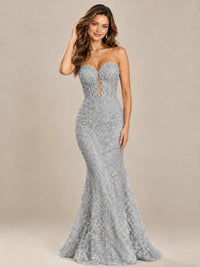 Strapless Corset Mermaid Prom Dress with Floral Lace Appliqué