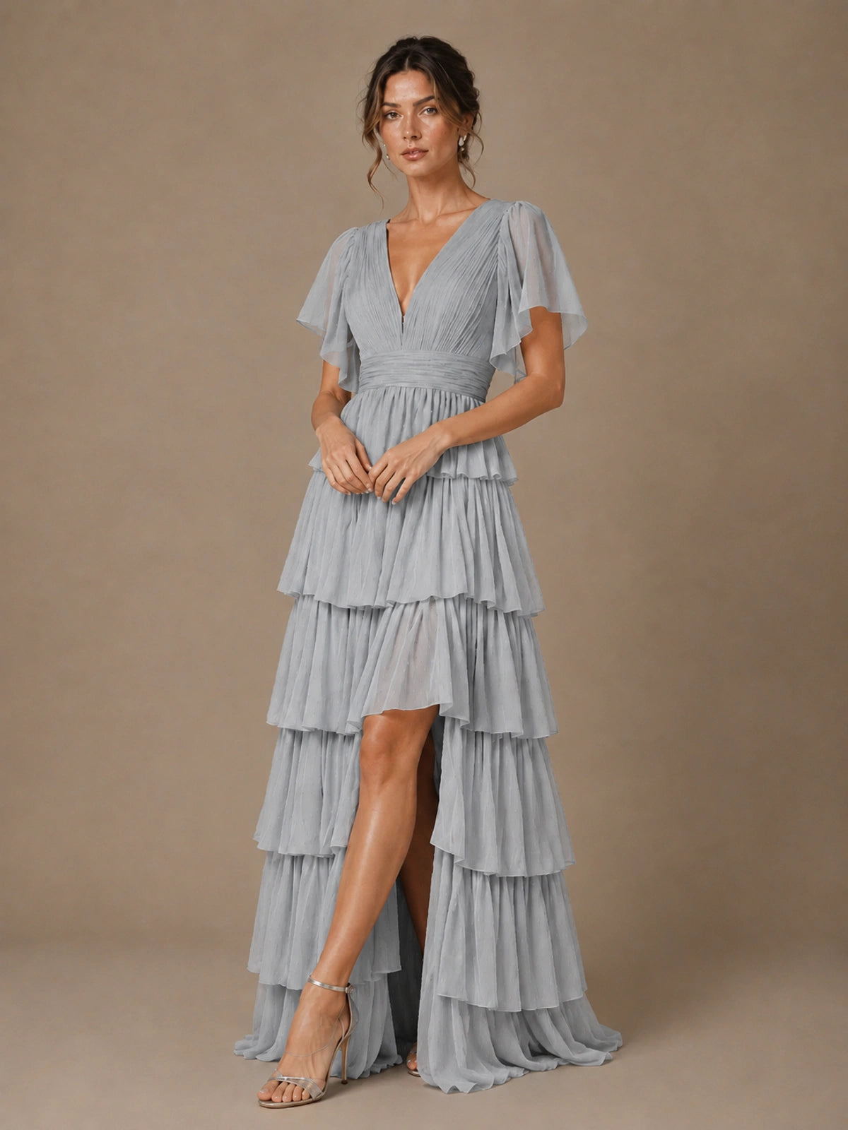 Chiffon V-Neck Tiered Ruffle Bridesmaid Dress with Slit