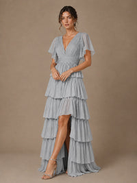 Chiffon V-Neck Tiered Ruffle Bridesmaid Dress with Slit